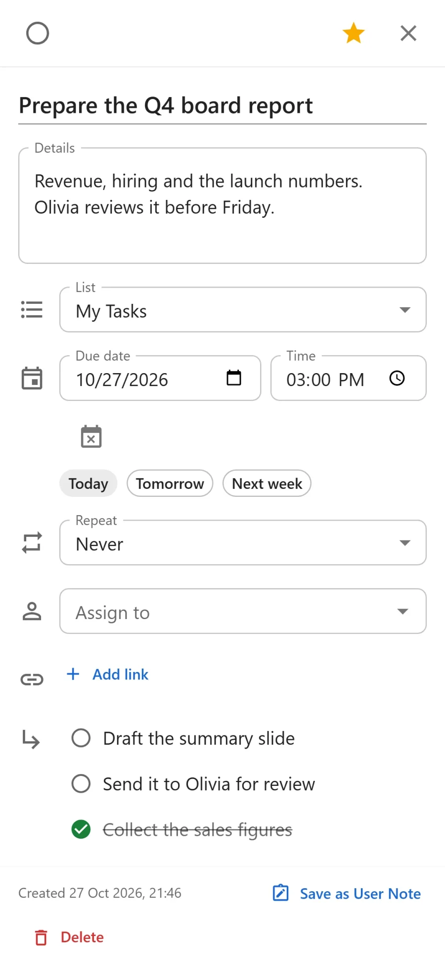 The task drawer on a phone with details, due date and time, repeat, assignee, links and subtasks