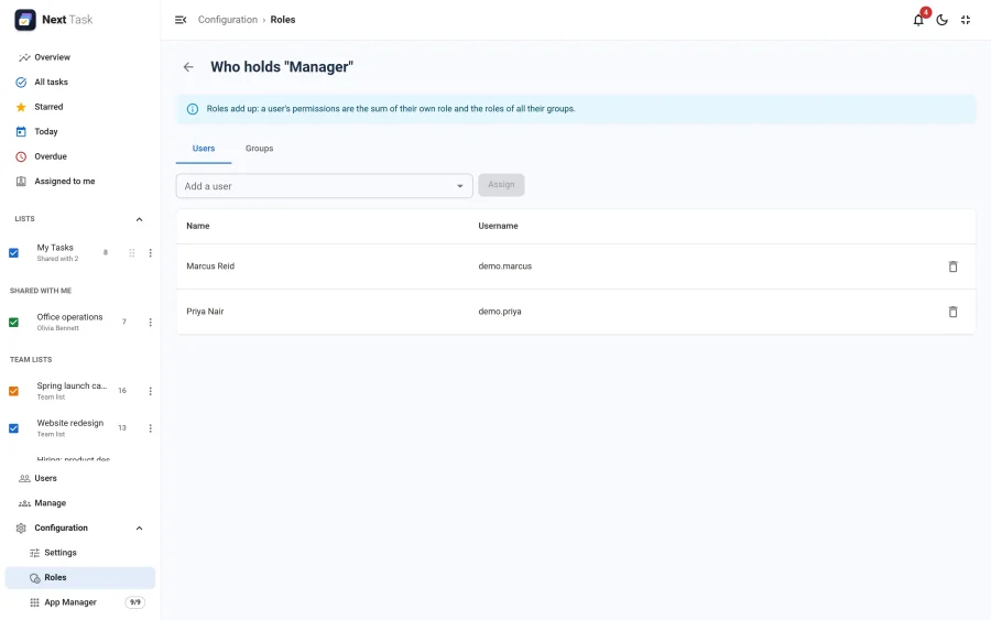 The assignments of the Manager role, with the Users and Groups tabs