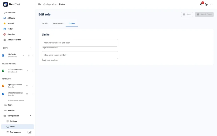 The Quotas tab of the Member role
