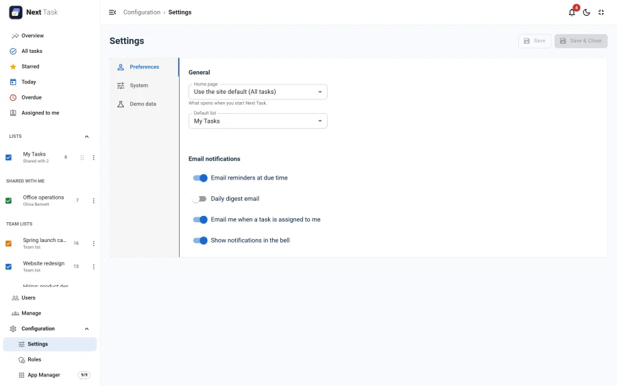 The Preferences tab: home page, default list, reminder, digest, assignment and bell preferences