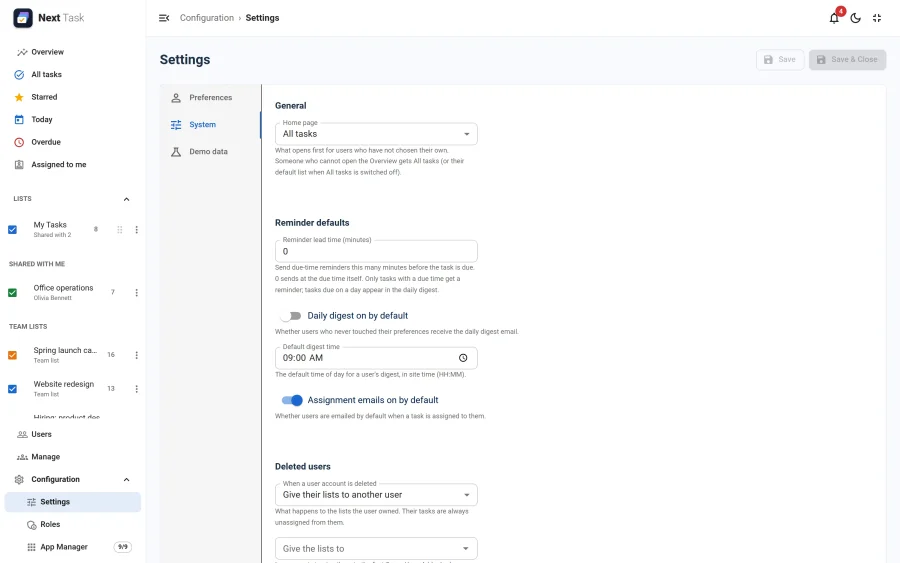 The System tab of Settings: the home page, reminder defaults and what happens to a deleted user's lists