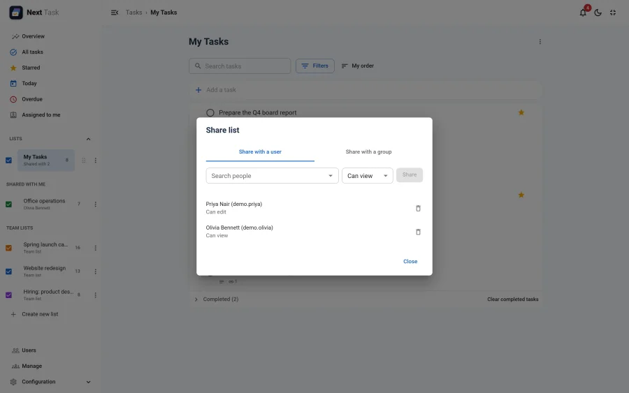 The Share list dialog with one person who can edit and one who can view