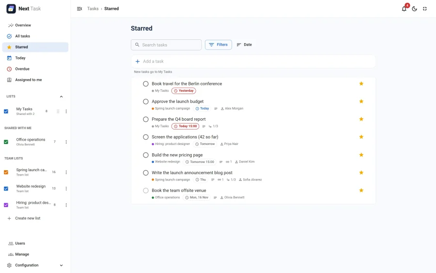 The Starred view collecting the starred open tasks of every list
