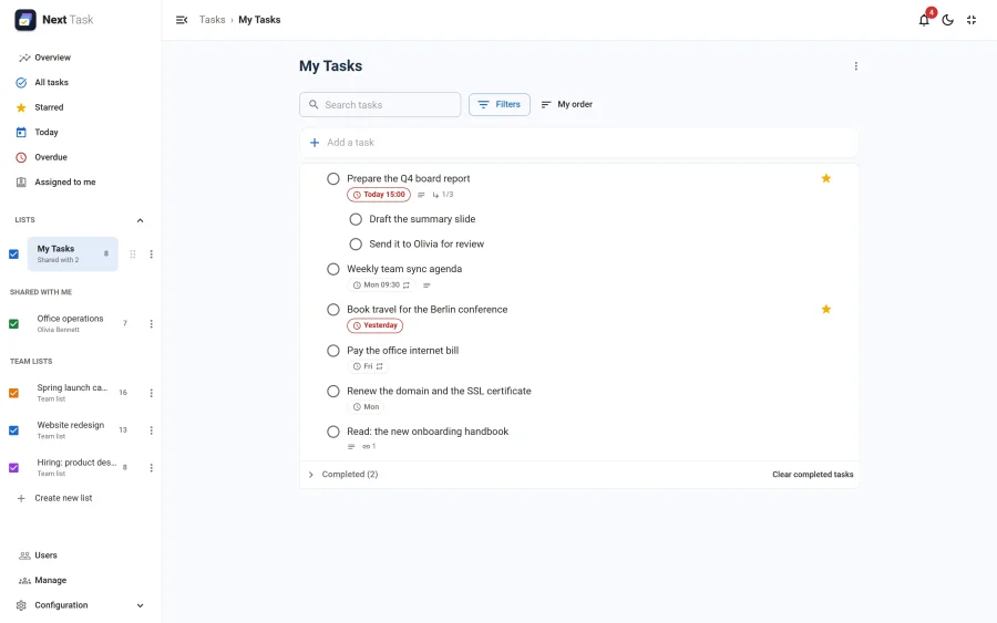 The My Tasks list with a starred report due today and its two subtasks, a weekly meeting, an overdue trip and a Completed section