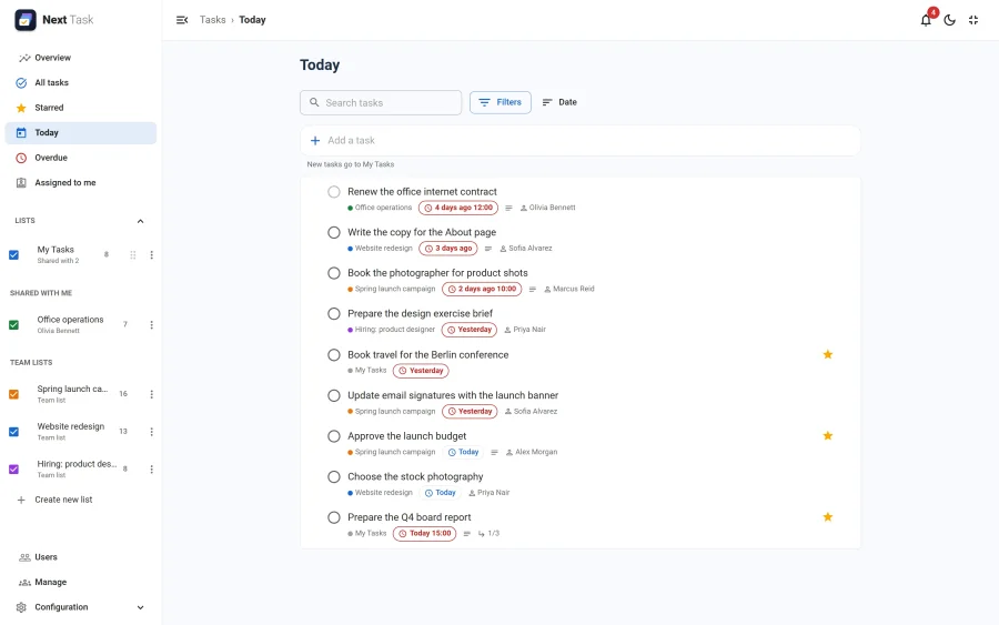 The Today view collecting overdue tasks and tasks due today from five lists, each with its list name