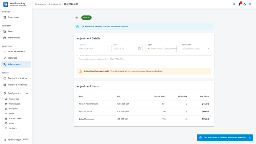 Adjustment edit page with line items