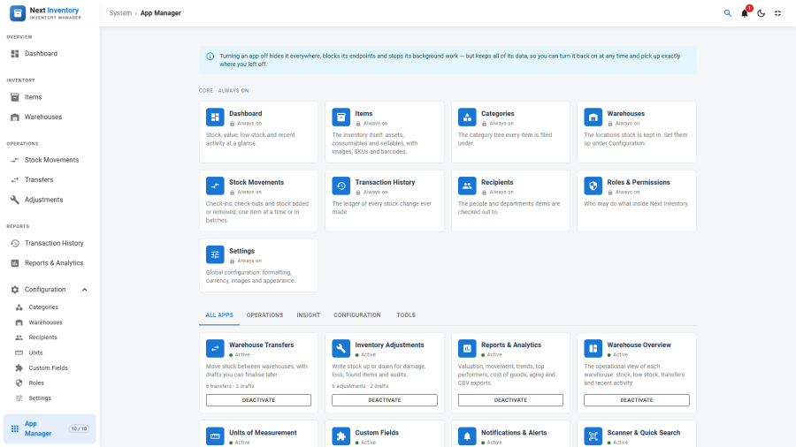 The App Manager card grid, showing core apps locked "Always on" above the category tabs, and one card per switchable app with its status, description and usage counts