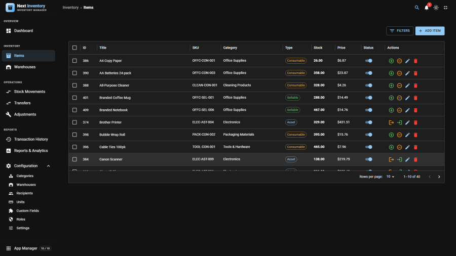 The Items list in dark mode, with the theme button in the top bar offering to switch back to light