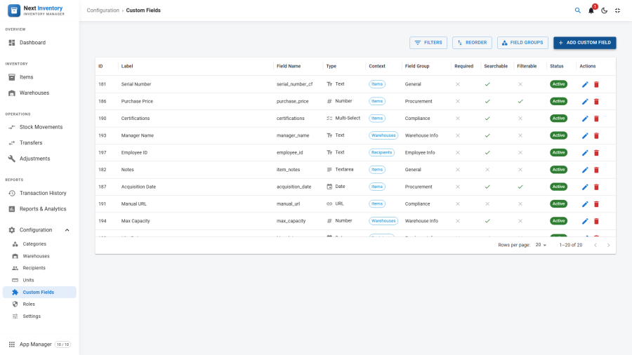 Custom fields list