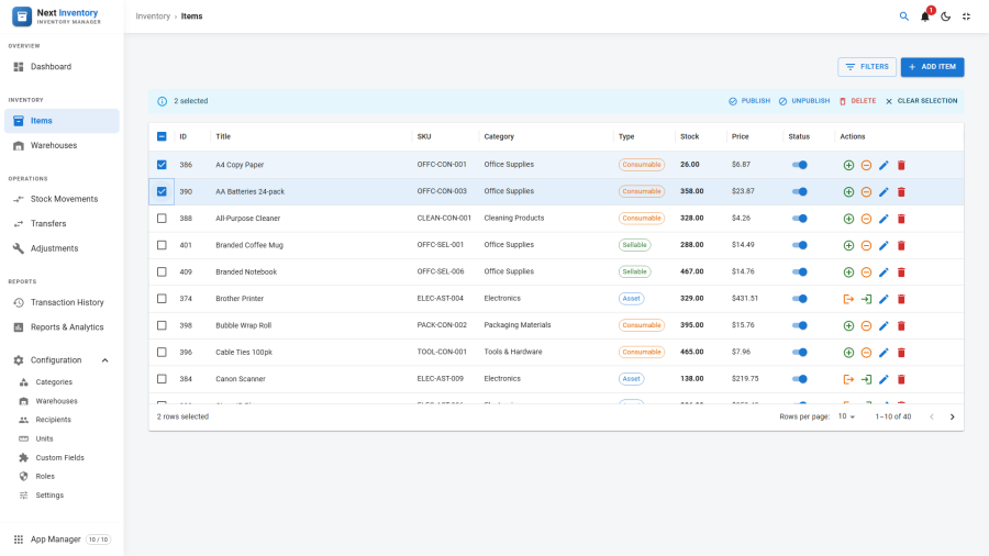 The Items list with rows ticked and the bulk toolbar above it offering Publish, Unpublish, Delete and Clear selection