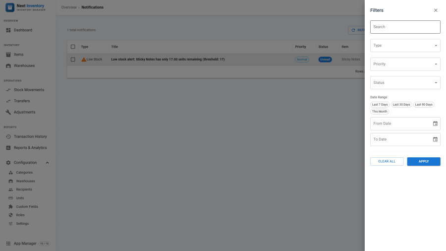 The Notification Centre with its filter drawer open, showing type, priority and date-range filters beside the notification list