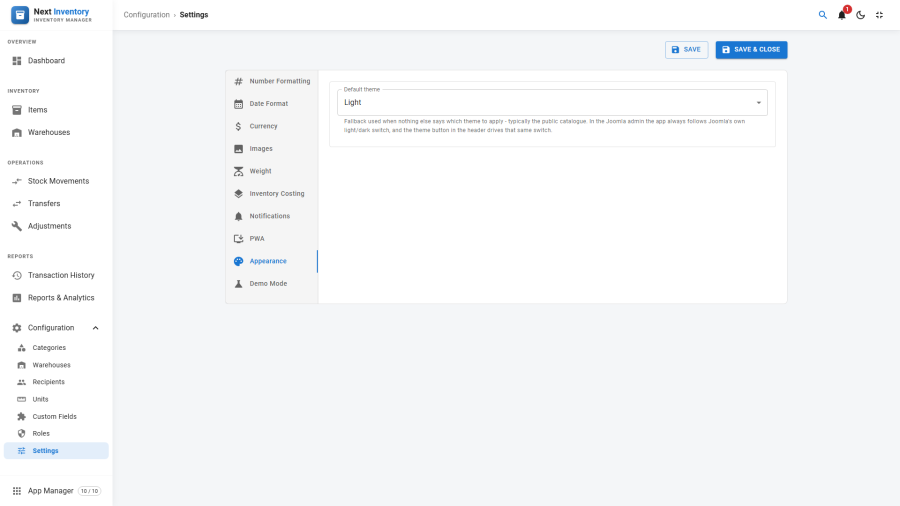 The Settings Appearance tab with the Default theme selector set to Light, beside the note explaining that the Joomla admin follows Joomla's own light and dark switch