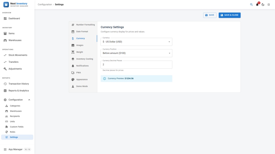 Currency settings tab