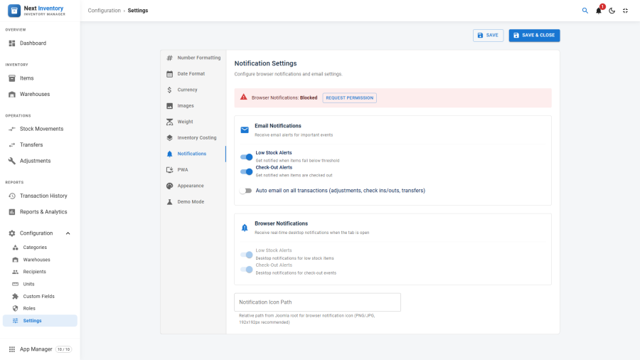 Notifications settings tab showing email and browser channels