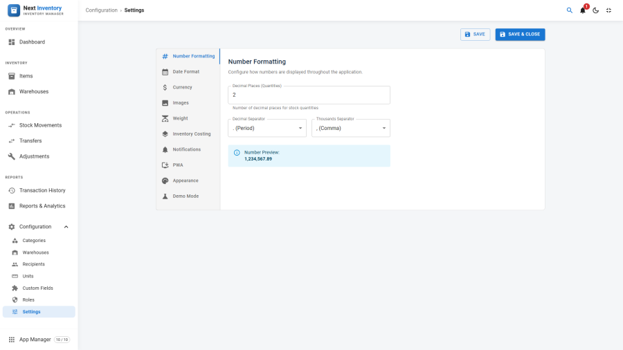 Settings page with left-hand tab navigation, Numbers tab selected