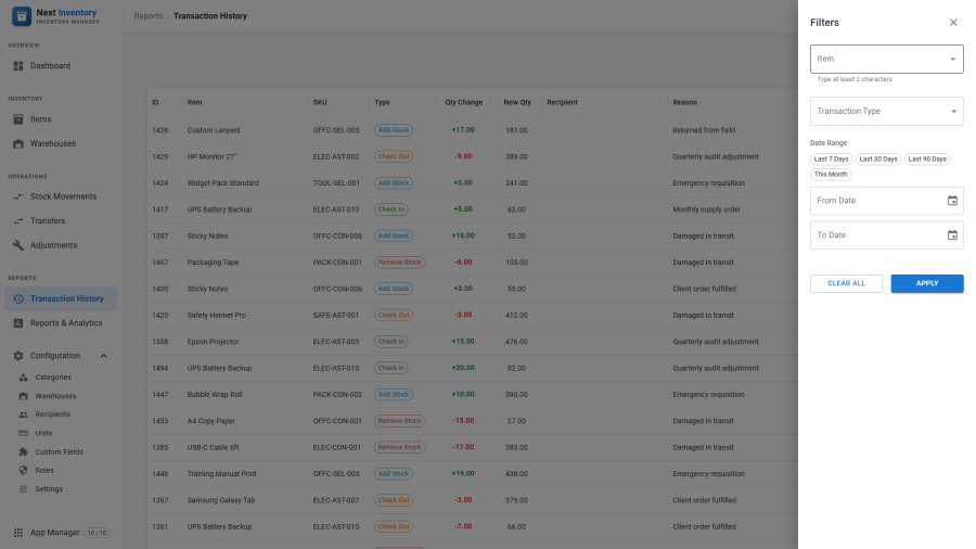 Transactions list with filter drawer