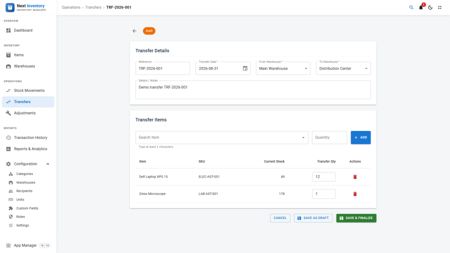Transfer edit page with source, destination, and line items