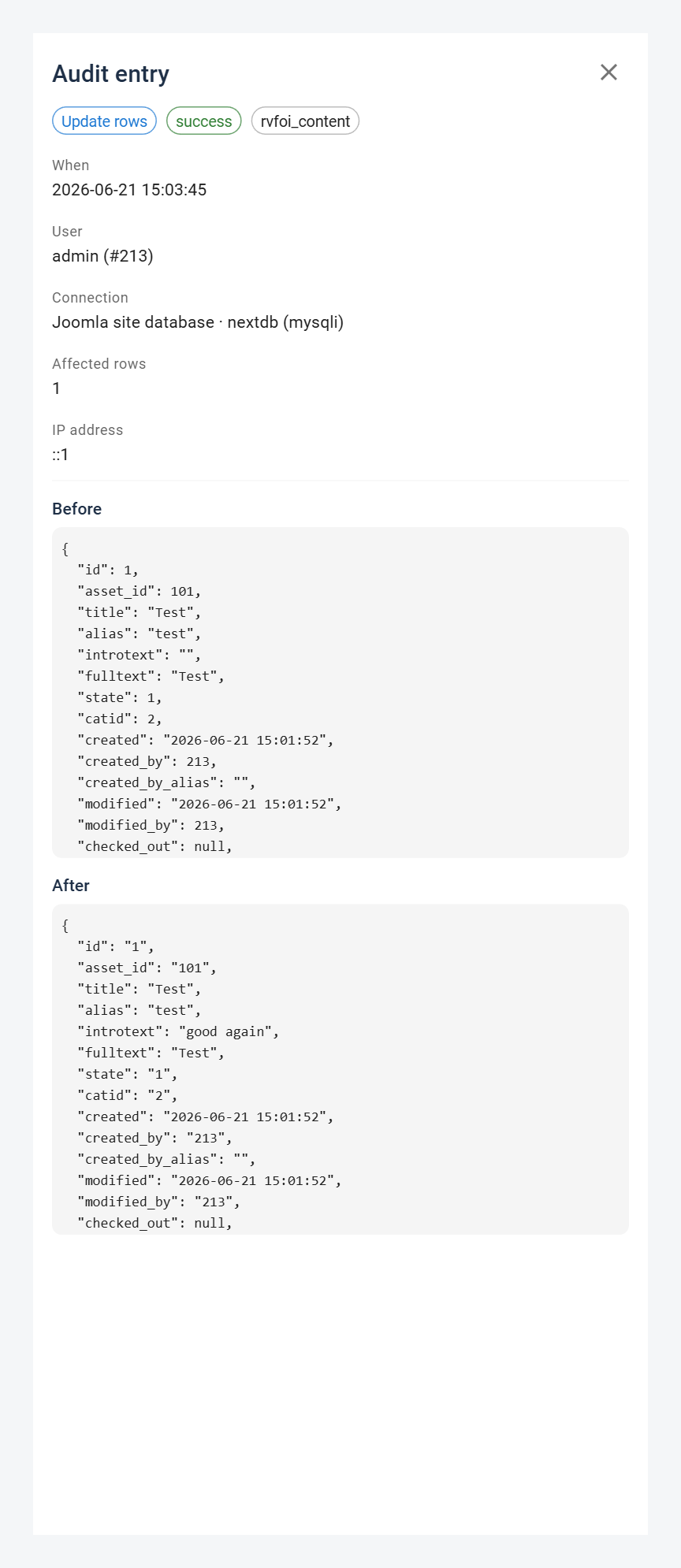 The detail drawer open on an update entry, showing the operation metadata and the before and after row snapshots