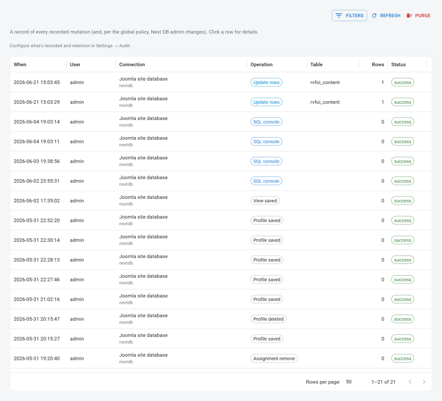 The Audit log page showing the audit table with When, User, Connection, Operation (colour-coded chips), Table, Rows, and Status columns; the filter bar and Refresh/Purge toolbar buttons are visible at the top