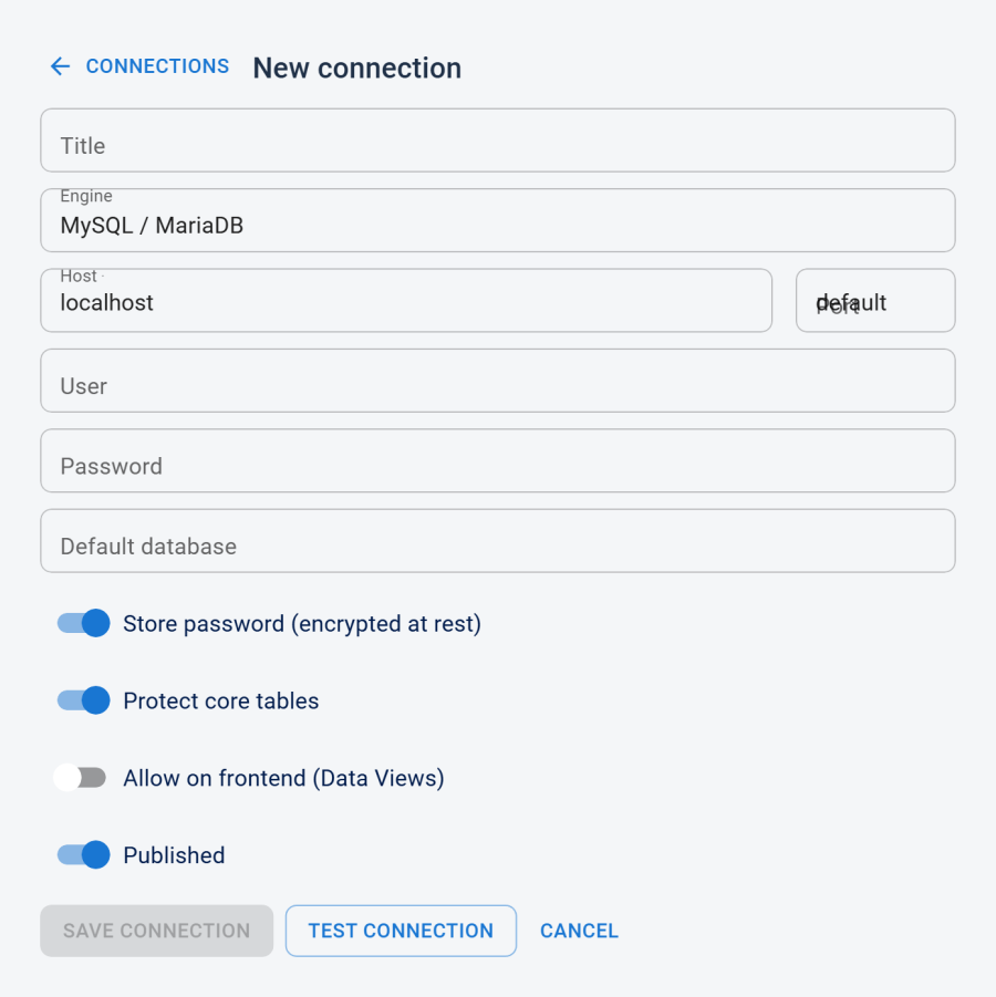 Connection edit form for a MySQL / MariaDB target, showing Host, Port, User, Password, Default database, Store password, and Protect core tables fields