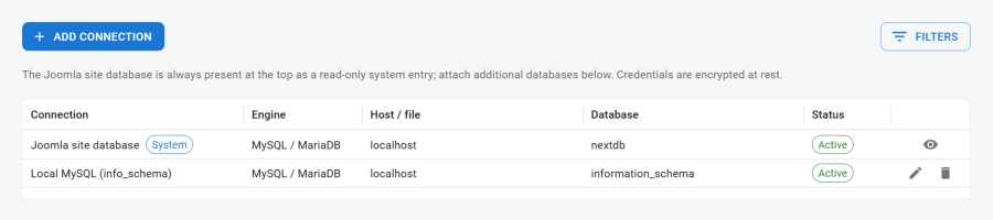 The Connections list showing one custom connection alongside the Joomla site database