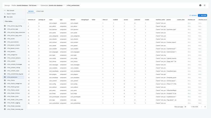 Browse view for a table, showing a sortable data grid with column headers, paginated rows, a NULL badge on null cells, row-action icons on the right, and the Add row / Refresh buttons in the toolbar above