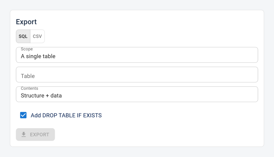 The Export panel showing format toggles (SQL / CSV), scope selector (single table / whole database), contents selector (Structure + data / Structure only / Data only), and the DROP TABLE IF EXISTS checkbox