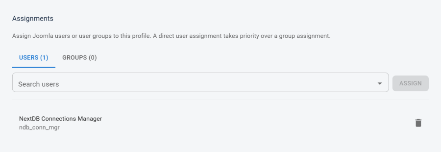 The Assignments tab of a profile record, showing assigned users and groups with the user/group search fields