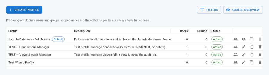 The Profiles list with one custom profile and its assignment count