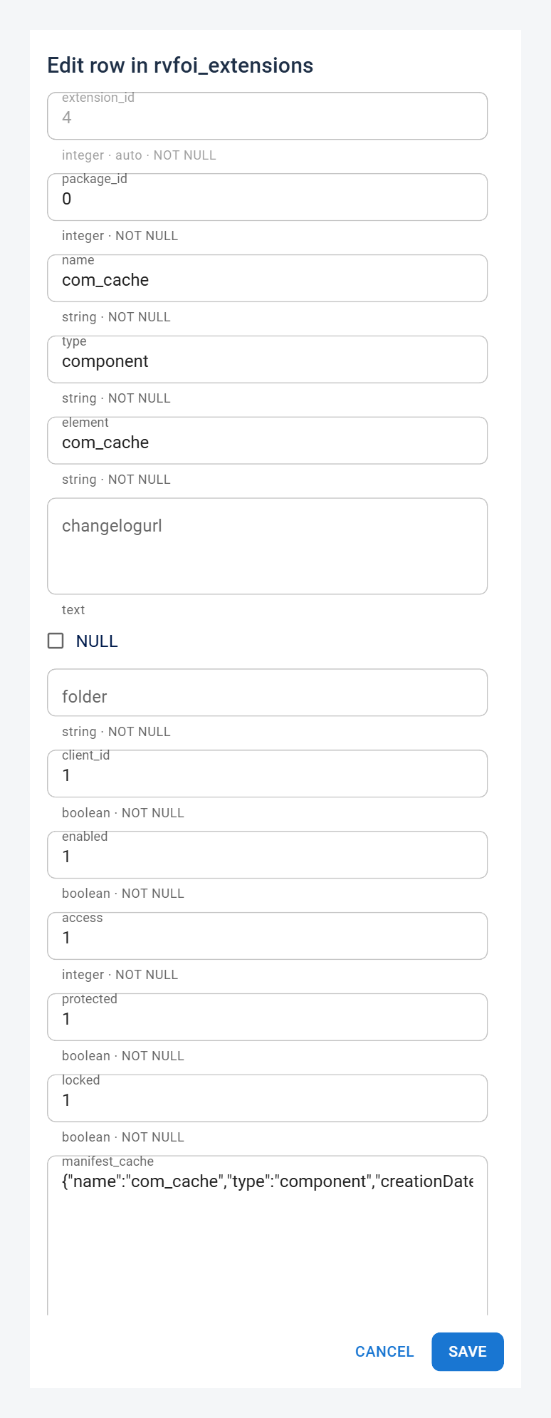 The row editor drawer open in edit mode, showing labelled text fields for each column with type and constraint hints below, NULL checkboxes on nullable columns, and Save / Cancel buttons at the bottom