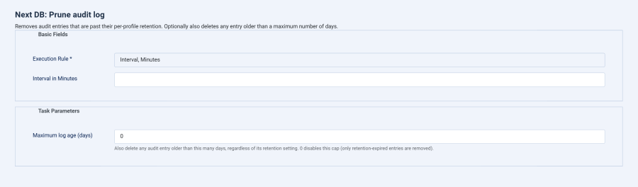 The "Next DB: Prune audit log" scheduled task configuration showing the Maximum log age field