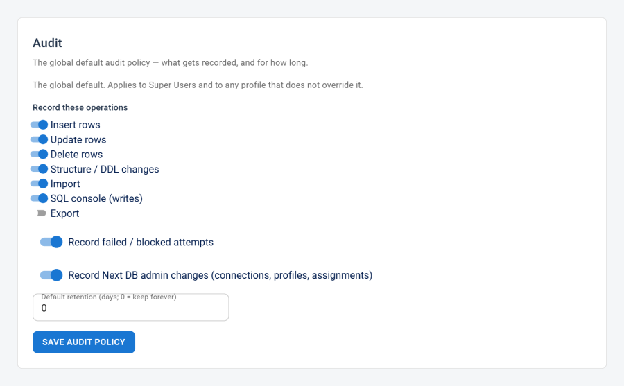 The Audit section of the Settings page showing the global policy toggles and retention field