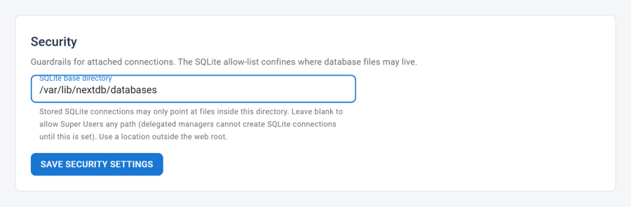 Settings → Security section showing the SQLite base directory field