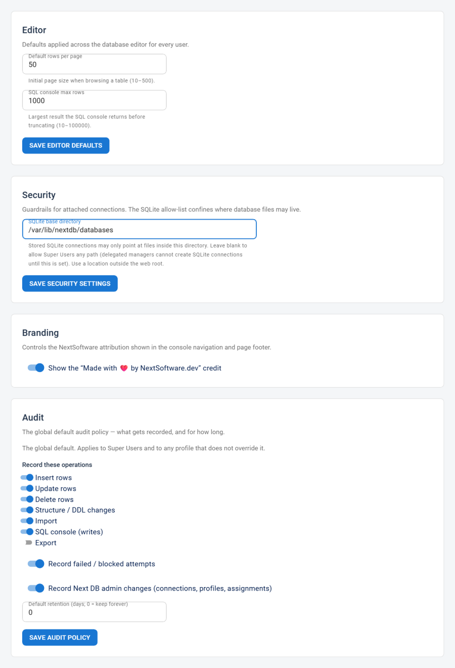 The Settings page showing the Editor, Security, and Audit sections