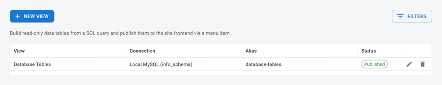 Admin views list showing published and draft Data Views with their target connections and action buttons