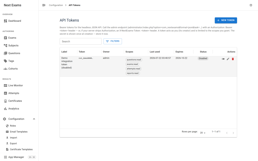 The API token creation dialog, showing the label field, a scope picker with read and write scopes listed per capability, an optional expiry date, and the one-time reveal panel displaying the generated token with a copy button