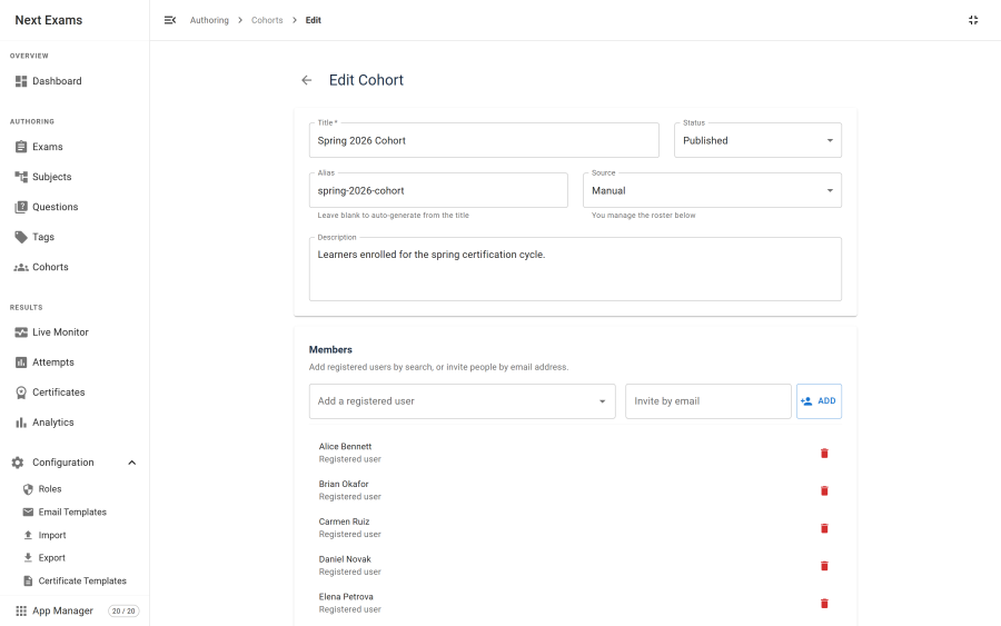 The cohort editor showing the roster manager, with a user-search autocomplete at the top, a table of members listing registered users by name and email alongside pending email invitees, and remove controls per row