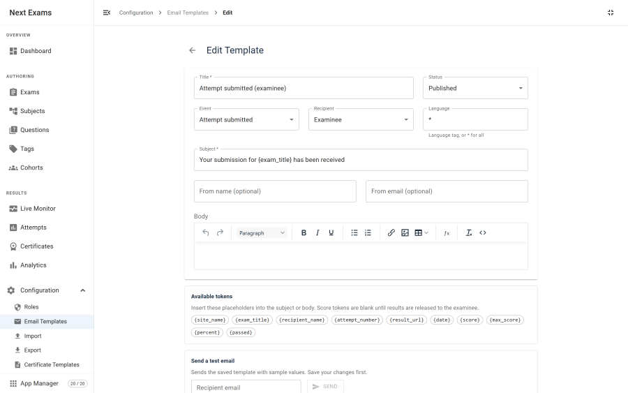 The email template editor, showing the event selector, subject line field, a rich text body with merge tokens inserted, and a reference panel listing the tokens available for the selected event
