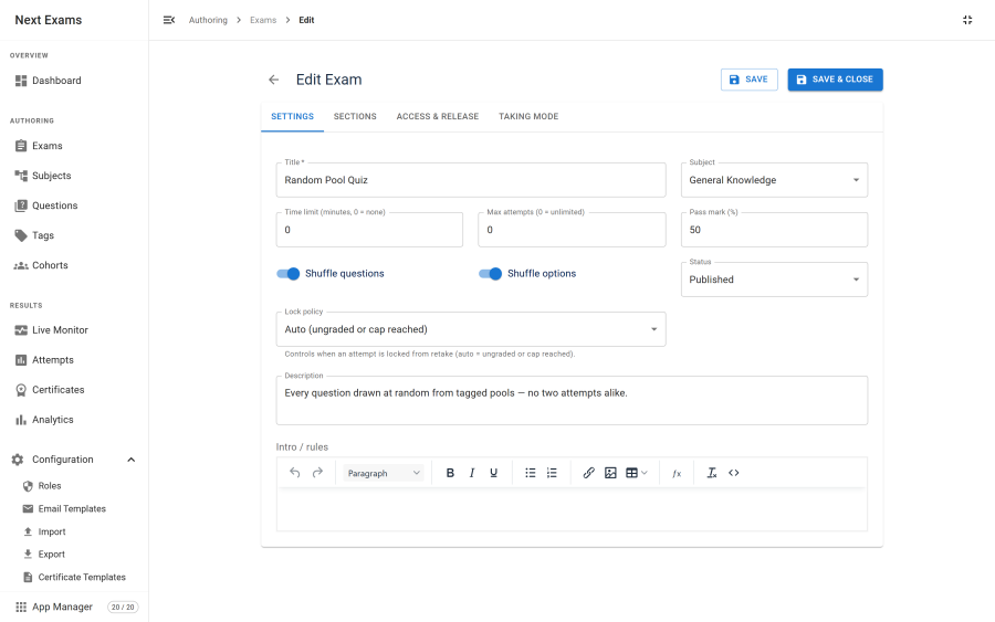 The exam builder pool rules panel, showing two rules — one drawing eight questions from a subject and one drawing four from a tag — each with a draw count and points-per-question field, alongside the fixed-questions list and a running total