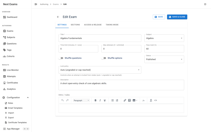 The exam builder Structure tab, showing a list of fixed questions with drag handles and per-question points, a pool rules panel below specifying a subject and a draw count, and the running total of questions and points