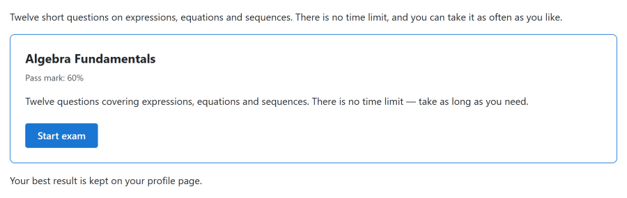 An article on the site with the start card of the Algebra Fundamentals exam embedded between two paragraphs: the exam title, its pass mark, its description and a Start exam button