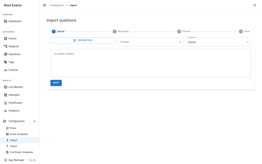 The import preview screen, showing the detected format, a table of parsed questions with their type, stem, subject and validation state, rows with warnings highlighted, and the counts of valid and rejected rows above the Run button
