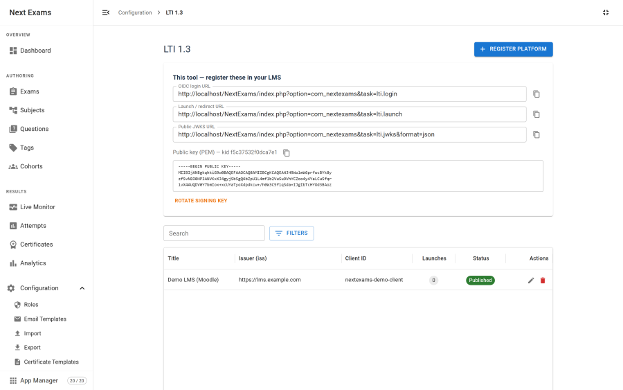 The LTI tool information panel, listing the login, launch and JWKS URLs with copy buttons and the tool's public key, ready to paste into an LMS platform registration
