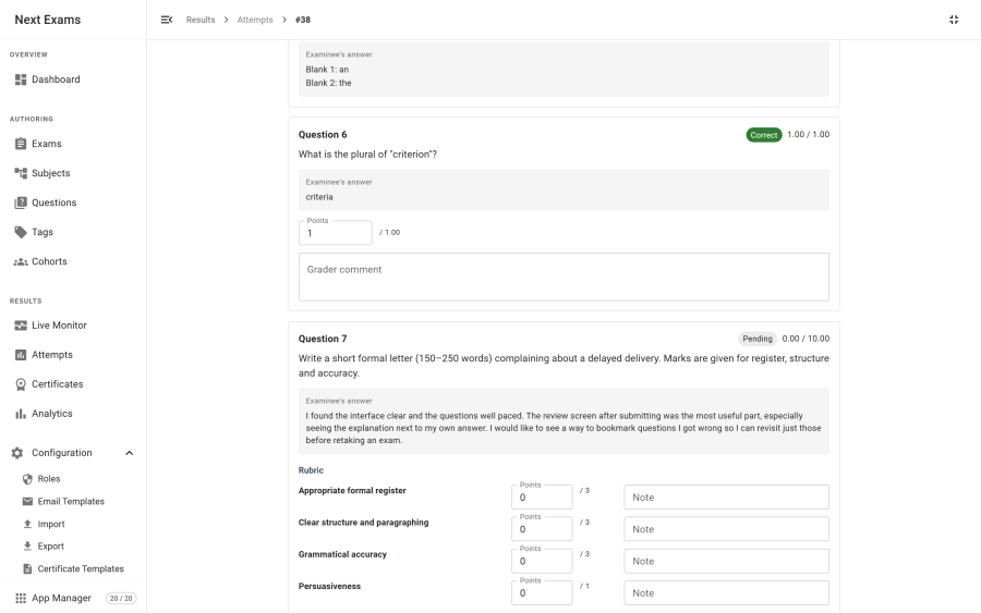 An attempt open for marking, showing an auto-graded short answer with its points field above, then a pending essay question with the examinee's response in full and a rubric beneath it — four named criteria, each with its own points field, maximum and note box