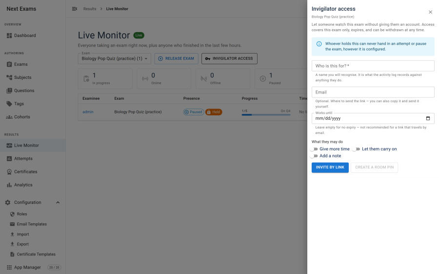 The Invigilator access panel for a single exam, showing the recipient name and email fields, an expiry date, capability toggles for giving more time, letting an attempt carry on and adding a note, and the Invite by link and Create a room PIN buttons, with a notice that the holder can never hand in an attempt or pause the exam