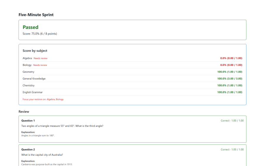 The result page showing a pass banner with the score and percentage, a per-subject breakdown table listing each subject's percentage weakest-first with a Needs review marker, and a revision hint below