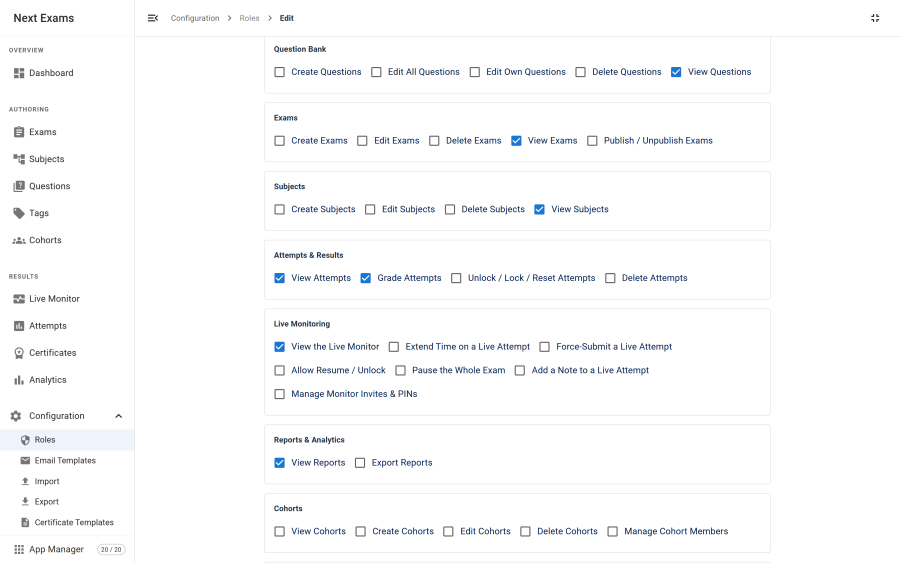 The role editor showing the permission matrix, with features listed down the left, actions across the top, and checkboxes at each intersection, plus the role title and description fields above