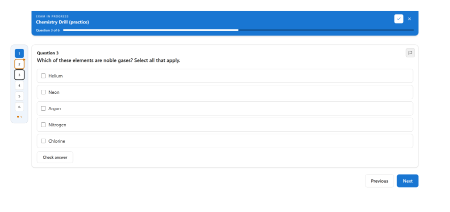 The exam runner in one-question-per-page layout: a blue header bar with the exam title and a progress rail reading "Question 3 of 6", a vertical strip of numbered question cells floating to the left showing answered, flagged and current states, and a card holding the question title, the stem, boxed answer options and a flag button in its top-right corner