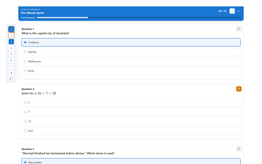 The exam runner on the site: a blue header with the exam title, a countdown and a progress rail, a floating vertical strip of numbered question cells to the left showing answered, flagged and current states, and the questions below as cards, each with its title and a flag button in the corner