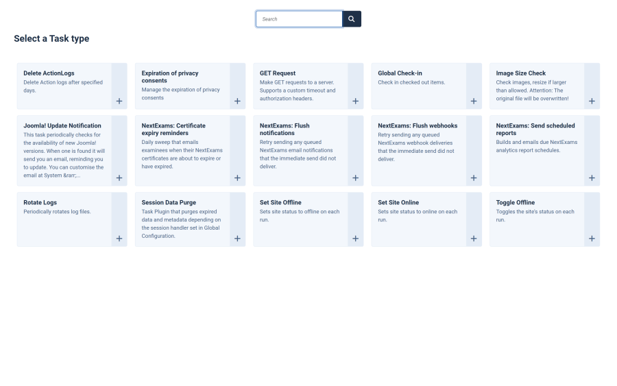The Joomla scheduled task editor with a Next Exams routine selected, showing the task title, the routine dropdown listing the Next Exams routines, and the execution rule fields